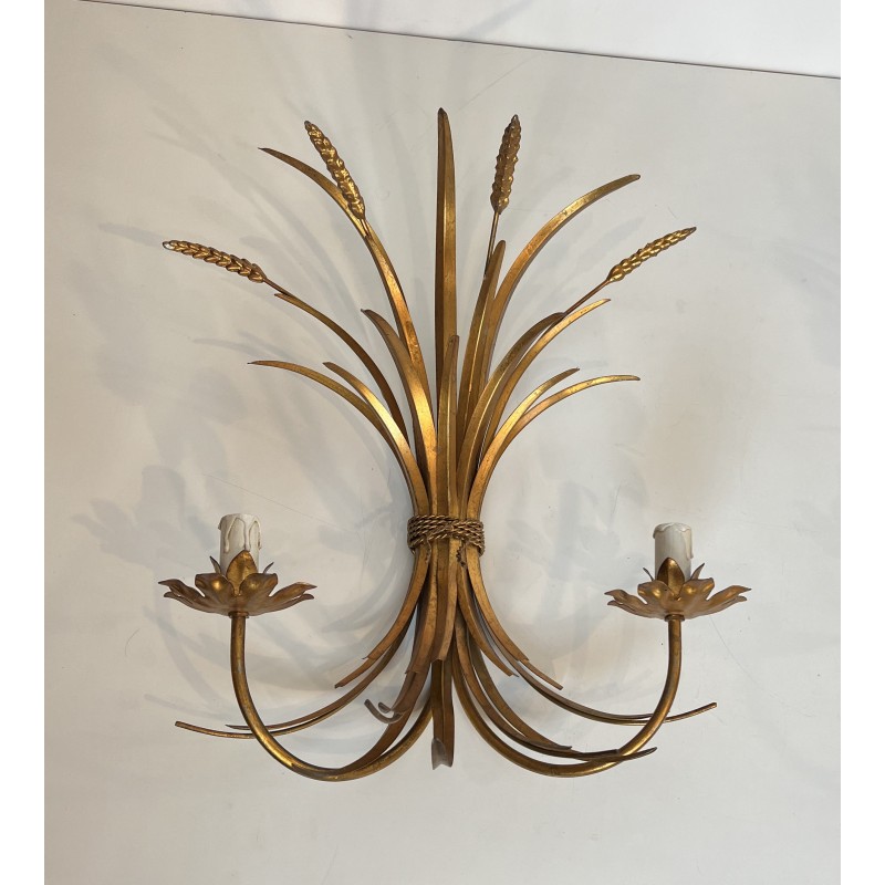 Large Pair of Coco Chanel Gilt Metal Ears of Wheat Wall Sconces, French Work, circa 1970