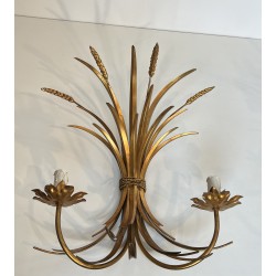 Large Pair of Coco Chanel Gilt Metal Ears of Wheat Wall Sconces, French Work, circa 1970