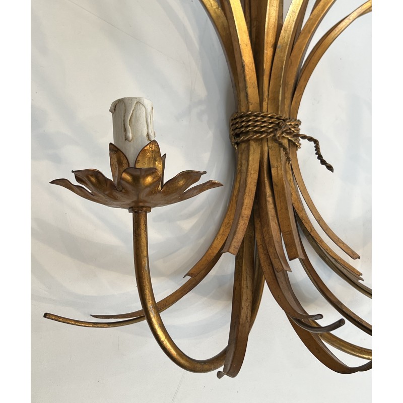 Large Pair of Coco Chanel Gilt Metal Ears of Wheat Wall Sconces, French Work, circa 1970