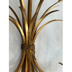 Large Pair of Coco Chanel Gilt Metal Ears of Wheat Wall Sconces, French Work, circa 1970