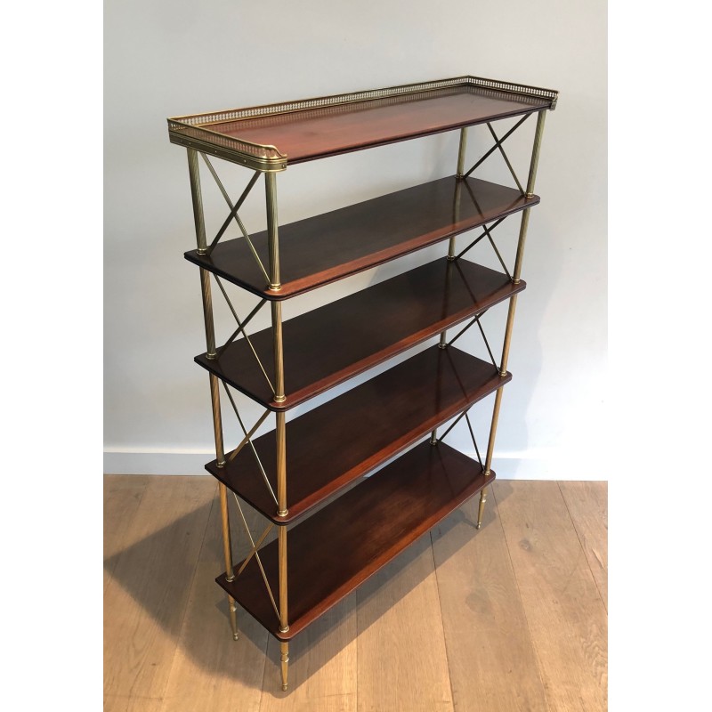 Neoclassical Mahogany and Brass Shelving Unit Attributed to Maison Jansen, French Work, circa 1940