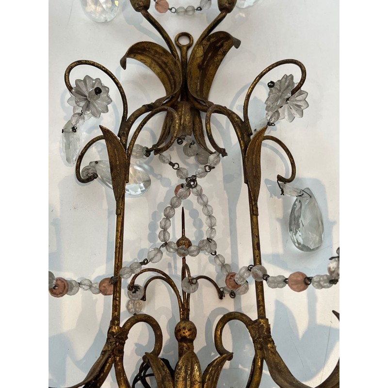 Pair of Gilded Metal and Crystals Wall Sconces in the style of Maison Baguès
