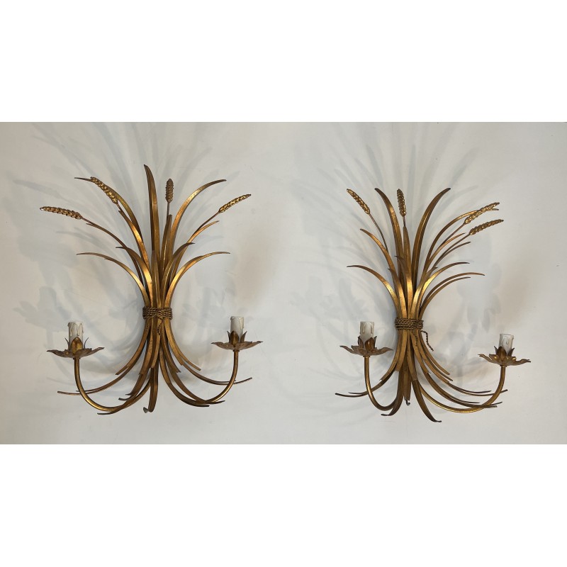 Large Pair of Coco Chanel Gilt Metal Ears of Wheat Wall Sconces, French Work, circa 1970