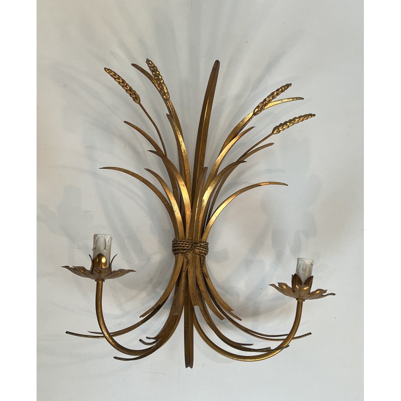 Large Pair of Coco Chanel Gilt Metal Ears of Wheat Wall Sconces, French Work, circa 1970