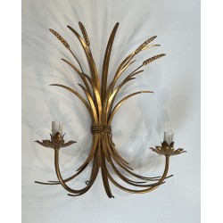 Large Pair of Coco Chanel Gilt Metal Ears of Wheat Wall Sconces, French Work, circa 1970