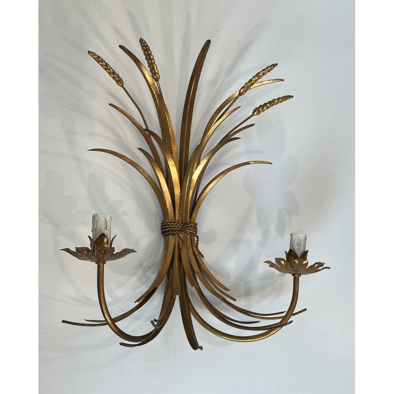 Large Pair of Coco Chanel Gilt Metal Ears of Wheat Wall Sconces, French Work, circa 1970