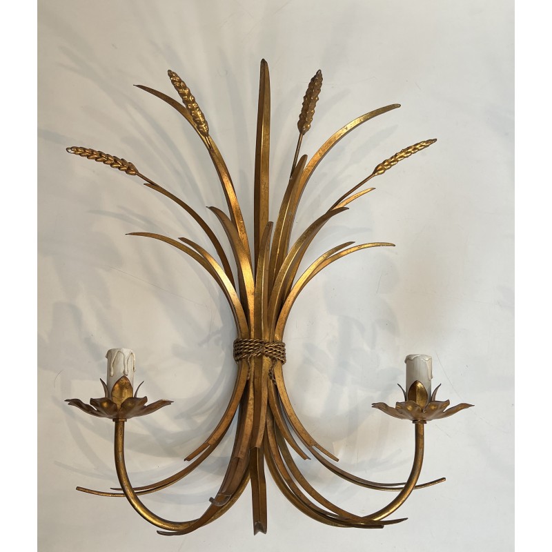 Large Pair of Coco Chanel Gilt Metal Ears of Wheat Wall Sconces, French Work, circa 1970