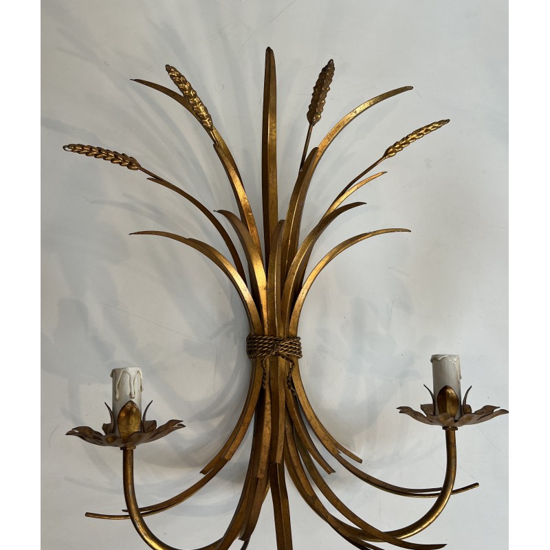 Large Pair of Coco Chanel Gilt Metal Ears of Wheat Wall Sconces, French Work, circa 1970