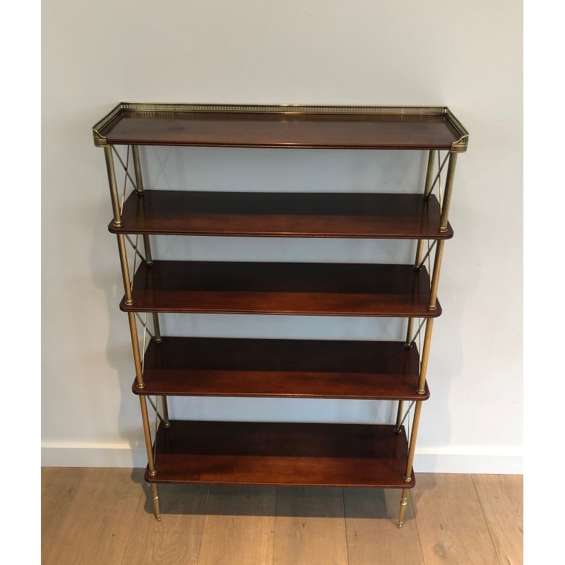 Neoclassical Mahogany and Brass Shelving Unit Attributed to Maison Jansen, French Work, circa 1940