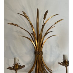 Large Pair of Coco Chanel Gilt Metal Ears of Wheat Wall Sconces, French Work, circa 1970