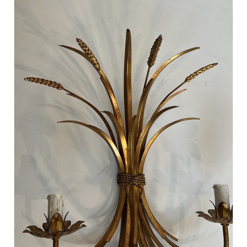 Large Pair of Coco Chanel Gilt Metal Ears of Wheat Wall Sconces, French Work, circa 1970