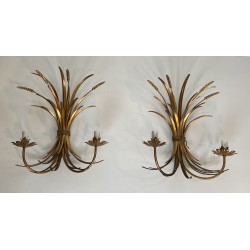Large Pair of Coco Chanel Gilt Metal Ears of Wheat Wall Sconces, French Work, circa 1970
