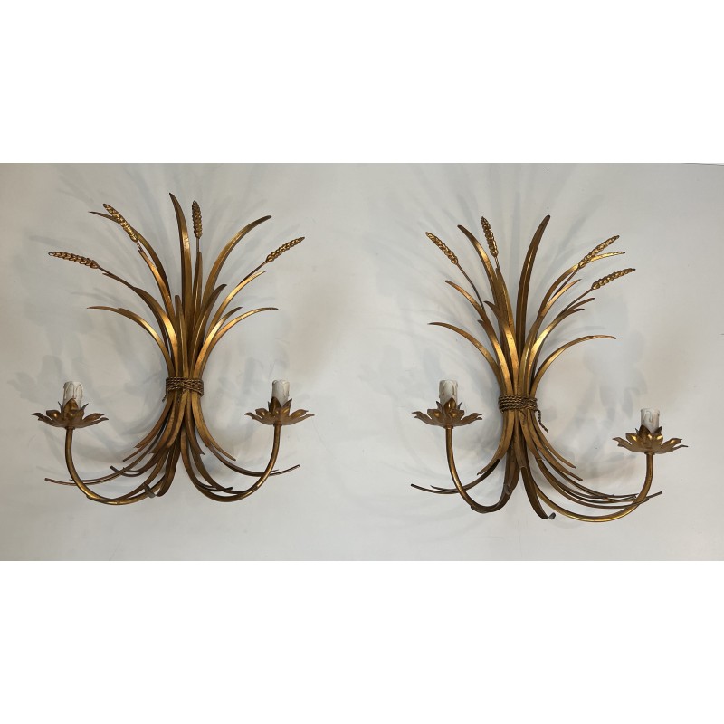 Large Pair of Coco Chanel Gilt Metal Ears of Wheat Wall Sconces, French Work, circa 1970