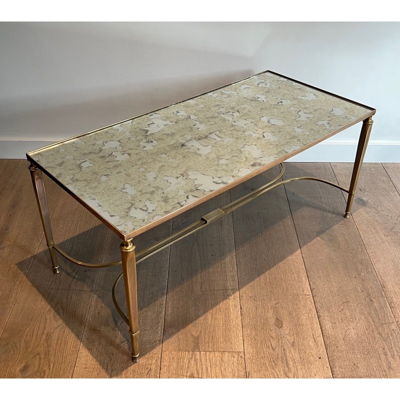 Table Basse Néoclassique en Laiton et Plateau de Miroir Antique par la Maison Jansen, Travail Français, vers 1940