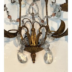 Pair of Gilded Metal and Crystals Wall Sconces in the style of Maison Baguès