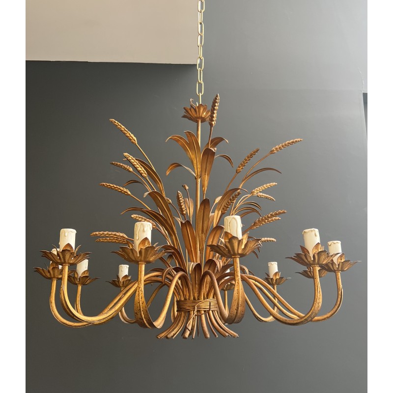 Important Lustre Coco Chanel en Métal Doré à 12 Bras de Lumière, Modèle aux Épis de Blé, Travail Français, vers 1970