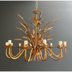 Important Lustre Coco Chanel en Métal Doré à 12 Bras de Lumière, Modèle aux Épis de Blé, Travail Français, vers 1970