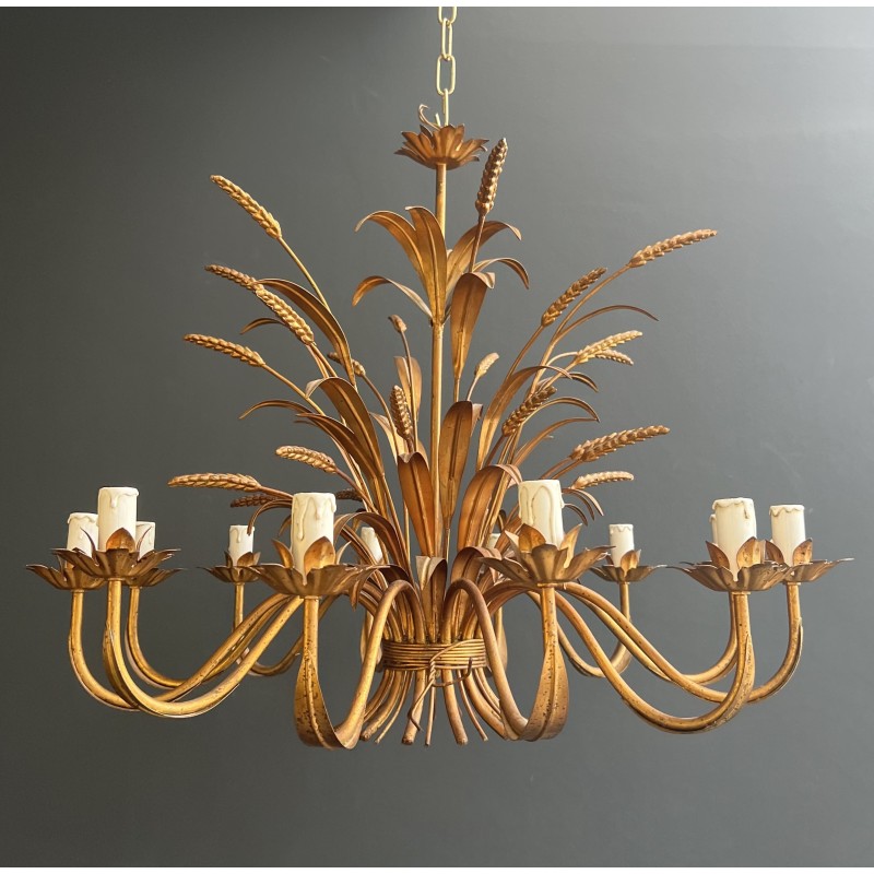 Important Lustre Coco Chanel en Métal Doré à 12 Bras de Lumière, Modèle aux Épis de Blé, Travail Français, vers 1970