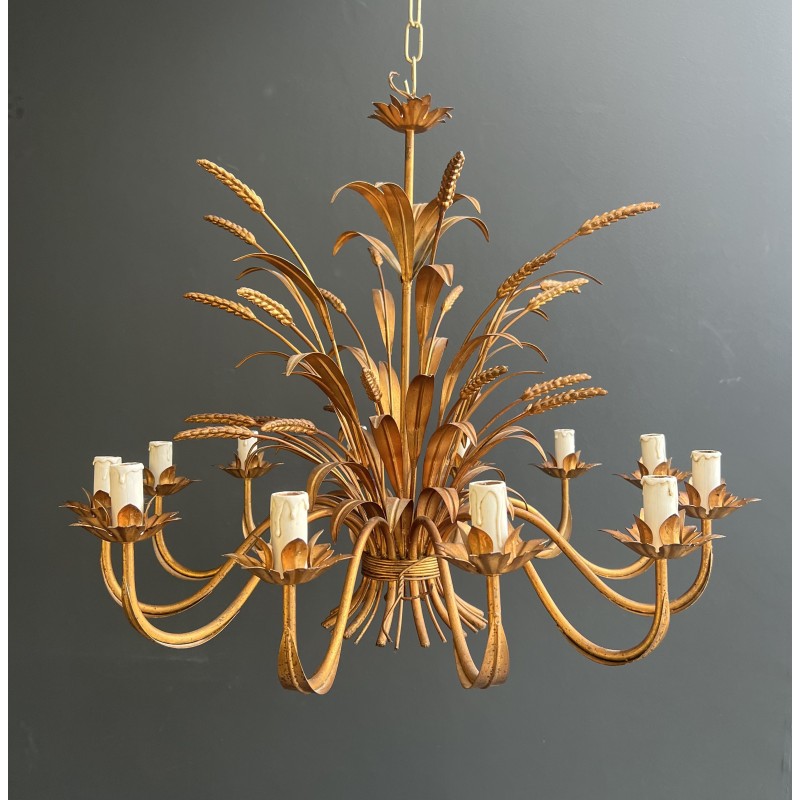 Large Coco Chanel Gilt Metal Ears of Wheat Chandelier, 12 Arms, French Work, circa 1970