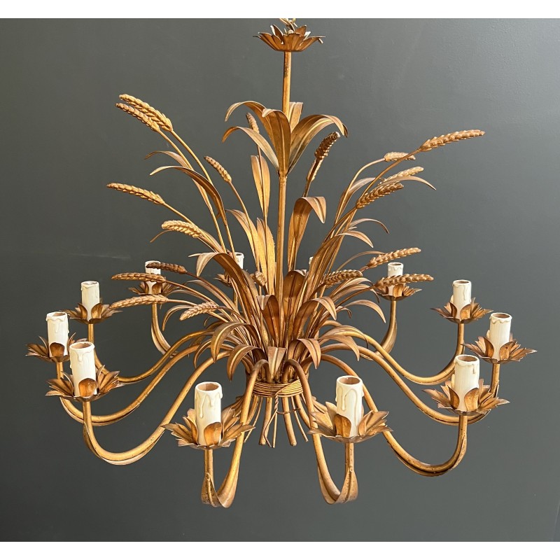 Important Lustre Coco Chanel en Métal Doré à 12 Bras de Lumière, Modèle aux Épis de Blé, Travail Français, vers 1970