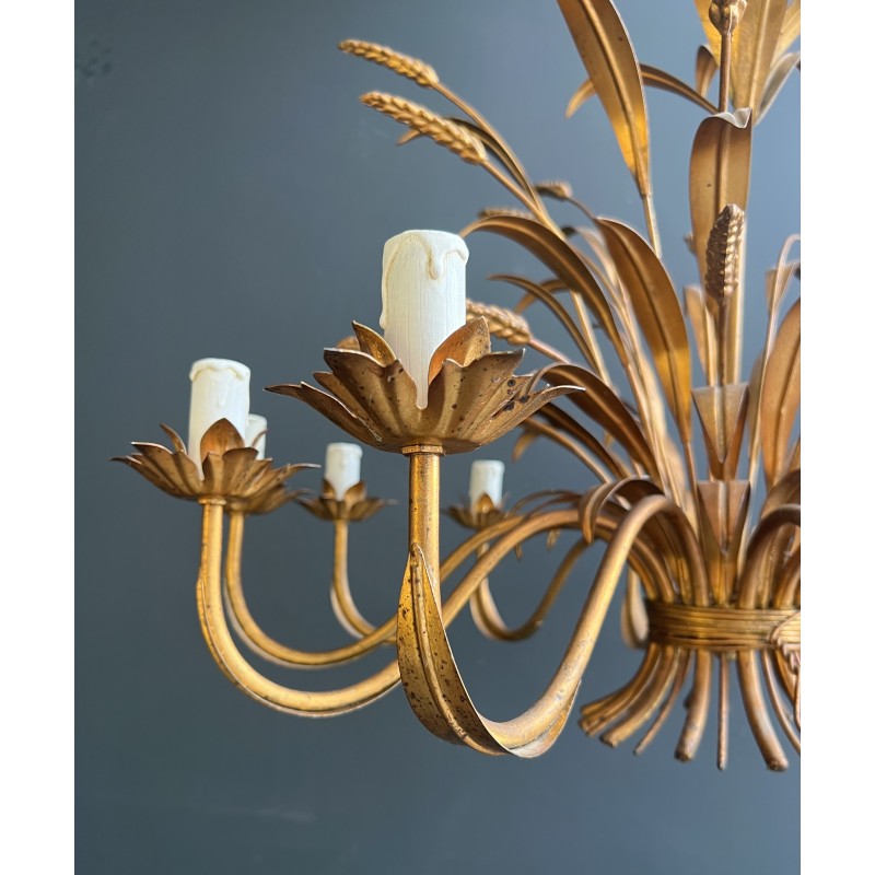 Large Coco Chanel Gilt Metal Ears of Wheat Chandelier, 12 Arms, French Work, circa 1970