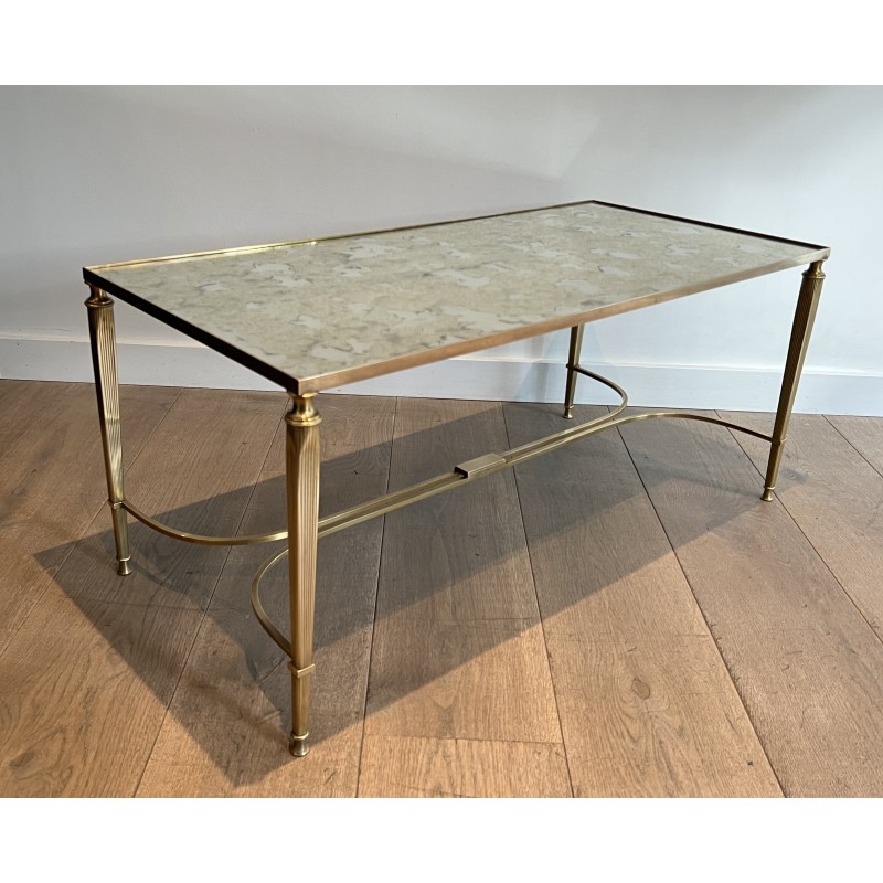 Neoclassical Brass Coffee Table with Antique Mirror Top by Maison Jansen, French Work, circa 1940