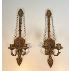 Important Pair of Louis the 16th Style Gilded Carved Wood Wall Sconces with Crystal Garlands