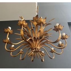 Important Lustre Coco Chanel en Métal Doré à 12 Bras de Lumière, Modèle aux Épis de Blé, Travail Français, vers 1970