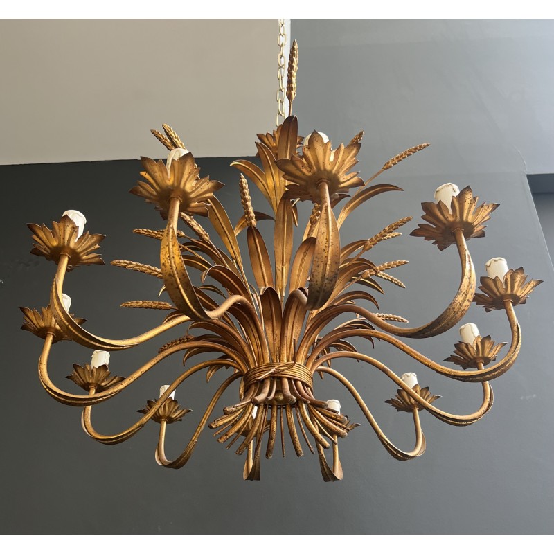 Large Coco Chanel Gilt Metal Ears of Wheat Chandelier, 12 Arms, French Work, circa 1970