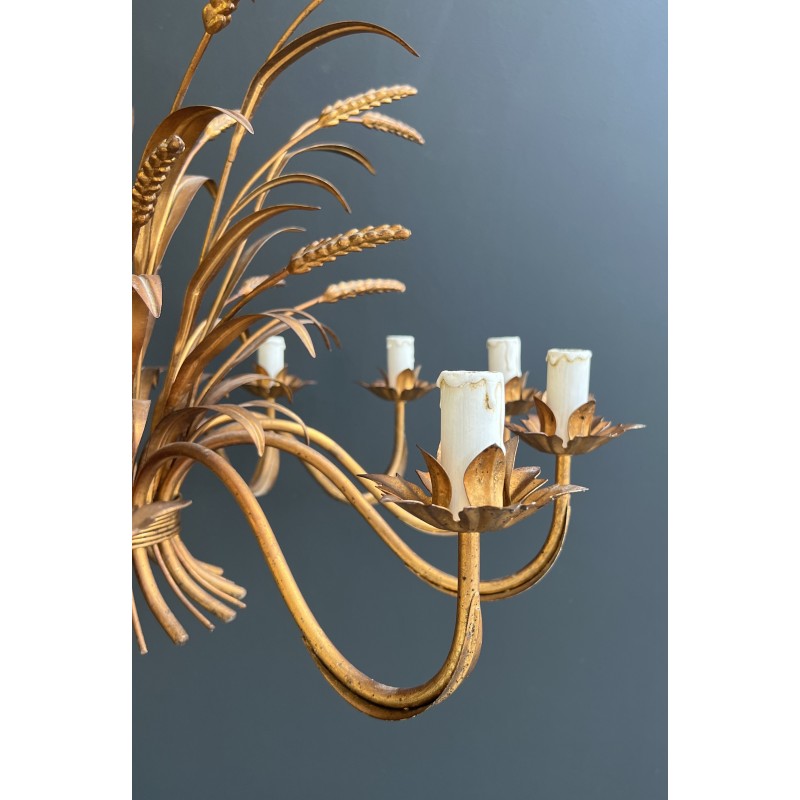 Important Lustre Coco Chanel en Métal Doré à 12 Bras de Lumière, Modèle aux Épis de Blé, Travail Français, vers 1970