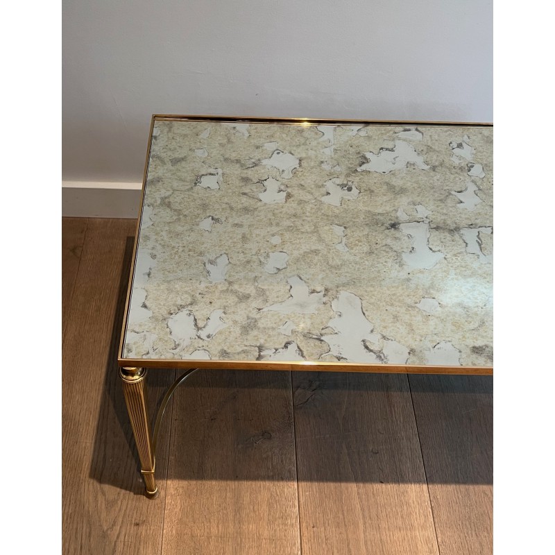 Neoclassical Brass Coffee Table with Antique Mirror Top by Maison Jansen, French Work, circa 1940