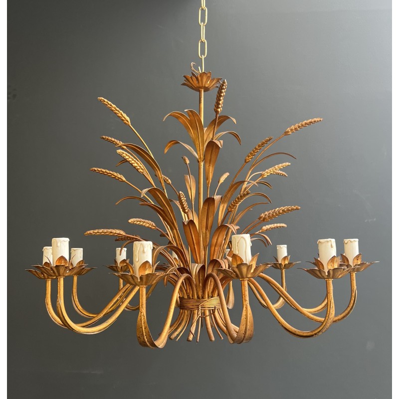 Important Lustre Coco Chanel en Métal Doré à 12 Bras de Lumière, Modèle aux Épis de Blé, Travail Français, vers 1970
