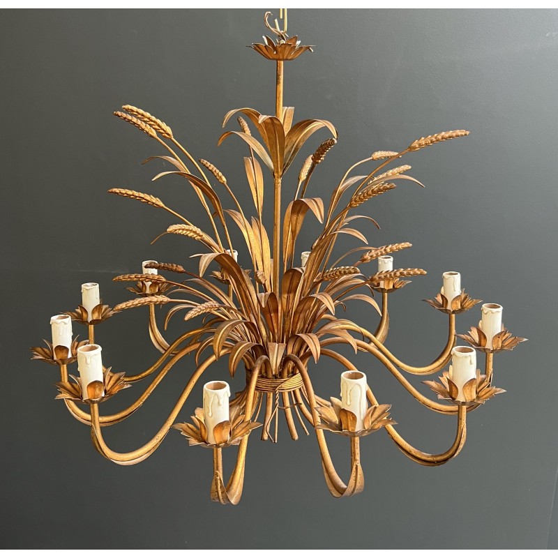 Important Lustre Coco Chanel en Métal Doré à 12 Bras de Lumière, Modèle aux Épis de Blé, Travail Français, vers 1970
