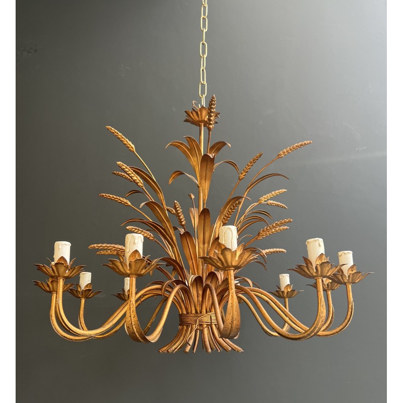 Important Lustre Coco Chanel en Métal Doré à 12 Bras de Lumière, Modèle aux Épis de Blé, Travail Français, vers 1970