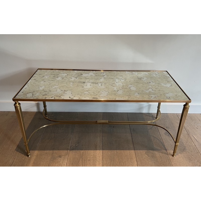 Table Basse Néoclassique en Laiton et Plateau de Miroir Antique par la Maison Jansen, Travail Français, vers 1940