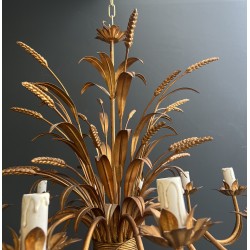 Important Lustre Coco Chanel en Métal Doré à 12 Bras de Lumière, Modèle aux Épis de Blé, Travail Français, vers 1970
