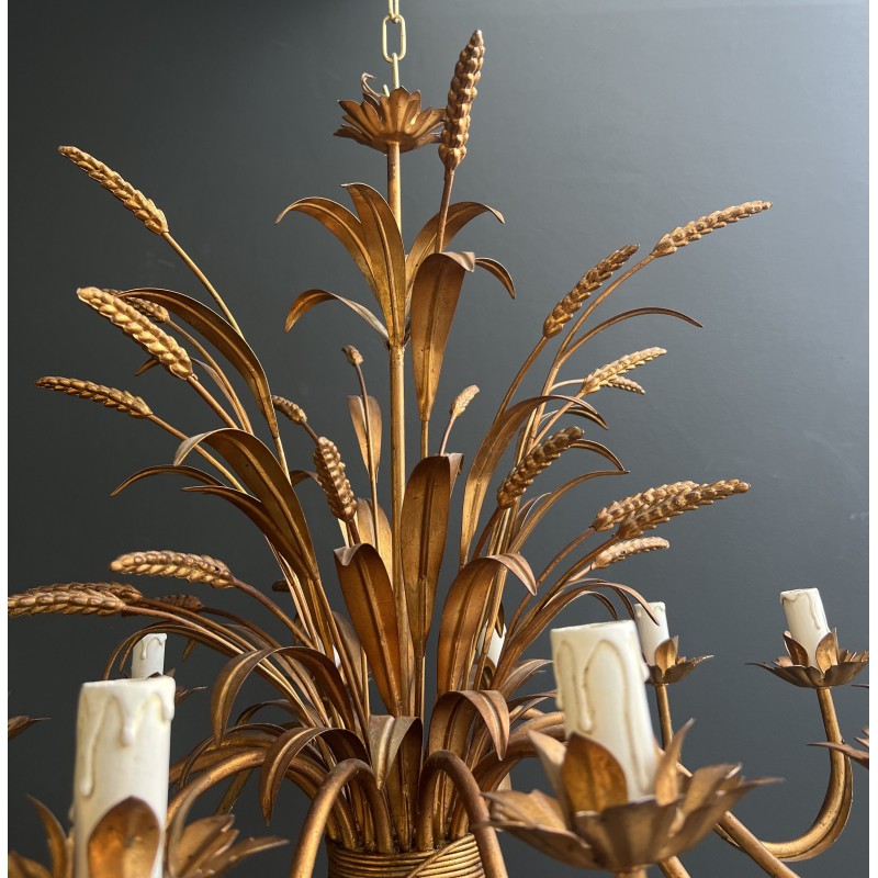 Important Lustre Coco Chanel en Métal Doré à 12 Bras de Lumière, Modèle aux Épis de Blé, Travail Français, vers 1970