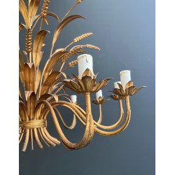 Important Lustre Coco Chanel en Métal Doré à 12 Bras de Lumière, Modèle aux Épis de Blé, Travail Français, vers 1970