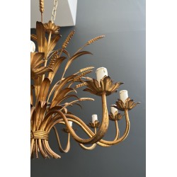 Important Lustre Coco Chanel en Métal Doré à 12 Bras de Lumière, Modèle aux Épis de Blé, Travail Français, vers 1970