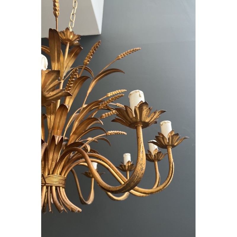 Important Lustre Coco Chanel en Métal Doré à 12 Bras de Lumière, Modèle aux Épis de Blé, Travail Français, vers 1970
