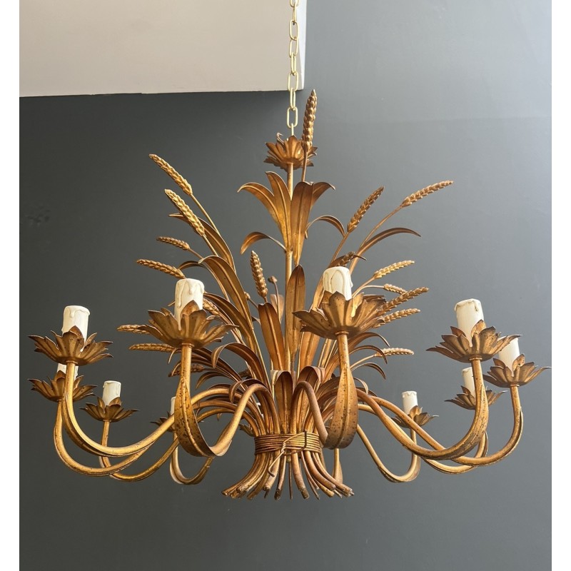 Large Coco Chanel Gilt Metal Ears of Wheat Chandelier, 12 Arms, French Work, circa 1970