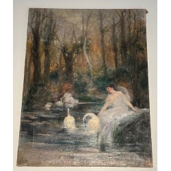 Oil on Canvas "The Woman with the Swan" by Luis Sanchez de la Peña, Spain, 1914