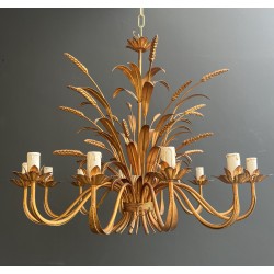 Important Lustre Coco Chanel en Métal Doré à 12 Bras de Lumière, Modèle aux Épis de Blé, Travail Français, vers 1970