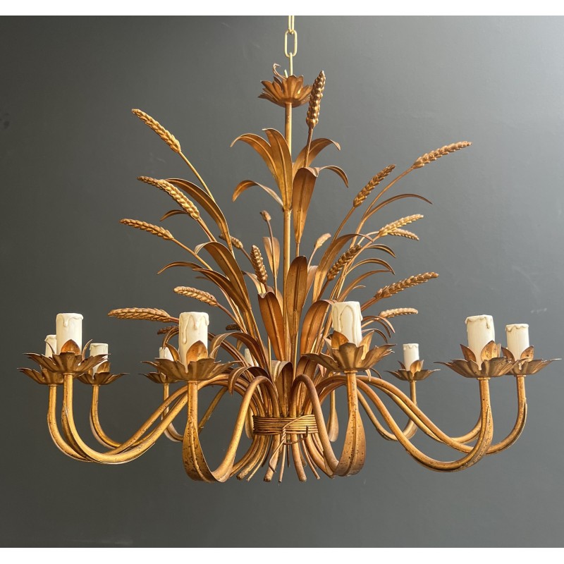 Important Lustre Coco Chanel en Métal Doré à 12 Bras de Lumière, Modèle aux Épis de Blé, Travail Français, vers 1970