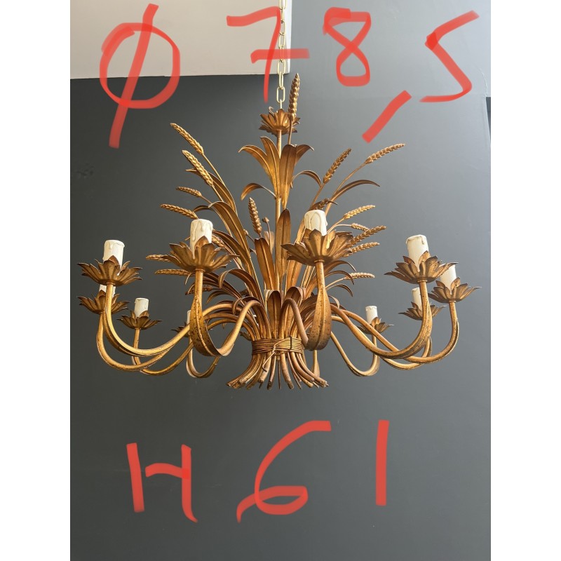 Large Coco Chanel Gilt Metal Ears of Wheat Chandelier, 12 Arms, French Work, circa 1970