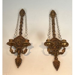 Important Pair of Louis the 16th Style Gilded Carved Wood Wall Sconces with Crystal Garlands