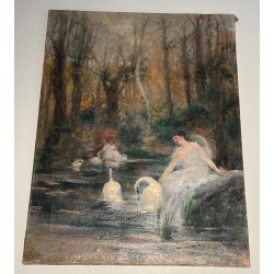 Oil on Canvas "The Woman with the Swan" by Luis Sanchez de la Peña, Spain, 1914