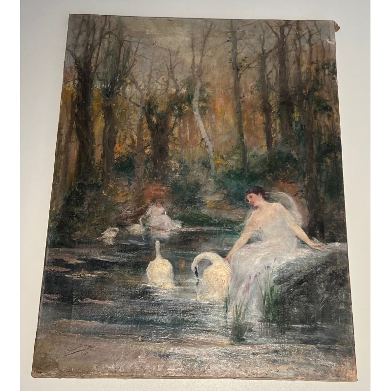 Oil on Canvas "The Woman with the Swan" by Luis Sanchez de la Peña, Spain, 1914