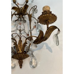 Pair of Gilded Metal and Crystals Wall Sconces in the style of Maison Baguès