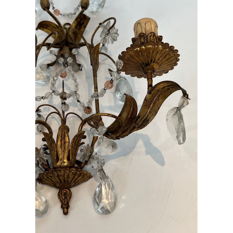 Pair of Gilded Metal and Crystals Wall Sconces in the style of Maison Baguès